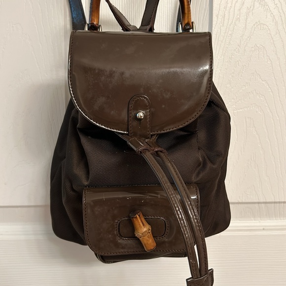 Vintage Gucci Brown Backpack Bamboo Handle Nylon Leather Adjustable Straps - Picture 1 of 16